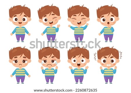 kids collection of emotions. Cute boy in full growth with different facial expressions and feelings - happiness, crying, anger, smile, delight, wonder. Vector illustration cartoon style for design.