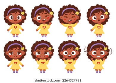 colección infantil de emociones. Muchacha de piel oscura y linda con diferentes expresiones y sentimientos faciales - felicidad, llanto, rabia, sonrisa, deleite, asombro. Estilo de dibujos animados de ilustraciones vectoriales para el diseño