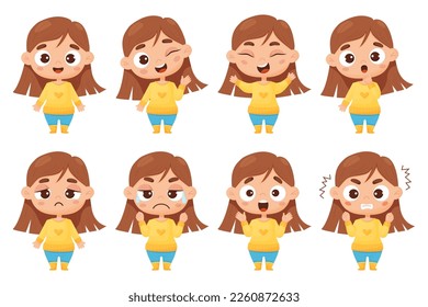 kids collection of emotions. Cute girl in full growth with different facial expressions and feelings - happiness, crying, anger, smile, delight, wonder. Vector illustration cartoon style for design.