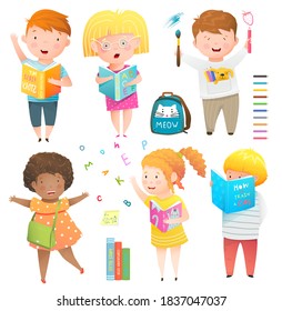 Kids collection isolated clipart, studying, laughing, reading books and drawing. Happy children watercolor style clip art bundle, kindergarten, preschooler or school boys and girls. Vector cartoon.