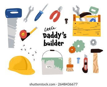 Kids collection of various repair tools in a cartoon style. A set for decorating toys, construction sets, children room or workshop, as educational material, fabrics, wallpapers