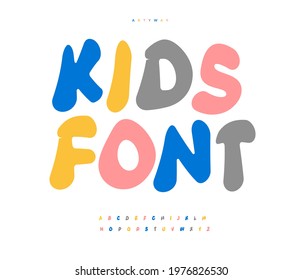 Kids color alphabet cartoon and funny colour font. Modern type for child toy logo, creative childhood headline, kid lettering. Plasticine dough letters, vector typographic design