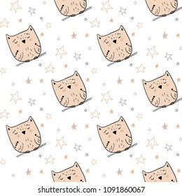 Kids color brown seamless pattern with doodle wild owl bird and hand drawn stars in Scandinavian style. Perfect for kids apparel, fabric, textile, nursery decoration, wrapping paper