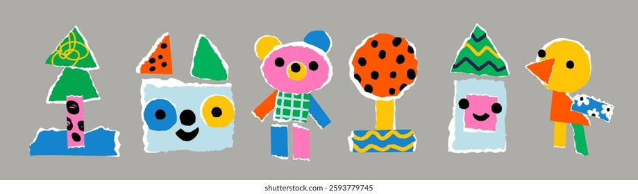 Kids color paper art collages. Bright cardboard pieces with ragged edges. Craft composition. Childish scrapbooking creative hobby. Notepaper tear. Childish applique