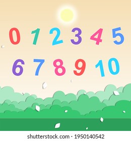 Kids colored cartoon number set. Vector set of 0-10 digit icons. Mathematical school symbols in green nature landscape background.