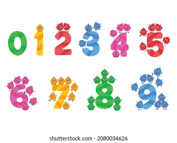 Kids Colored Cartoon Number Set. Vector set of 1-9 digit baby icons. school Mathematical Symbols. Cute Numbers and Birds