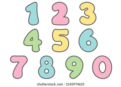 Kids colored cartoon number set in pastel colors with gray outline isolated on white background. set of 1-9 digit baby icons. school mathematical symbols. Vector illustration