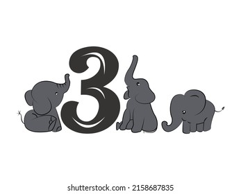 Kids Colored Cartoon Number Vector illustration. Cute children Flashcard Number Three with 3 Baby Elephant for kids Learning to Count. Preschool Mathematical Symbols.