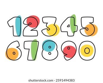 Kids colored cartoon numbers 0 to 9 vector design isolated white background.