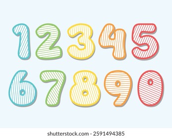 Kids colored cartoon numbers 0 to 9 vector design isolated white background.