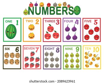 Kids Colored Cartoon Numbers Card Set. Vector Fruit Cartoon set of 1-9 digit. school kids Mathematical Symbols, Preschool, Education for Children