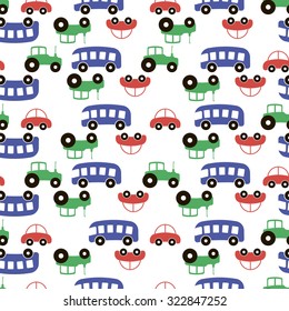 kids colored pattern with cars on white background. Seamless pattern