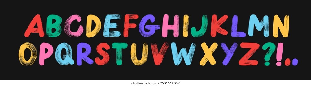 Kid's colorful alphabet with distressed paint brush texture. Childish playful colored typographic design. Hand drawn uppercase bold font. Joyful alphabet with cartoon style brush drawn letters.