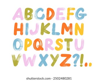 Kid's colorful alphabet with distressed paint brush texture. Childish playful colored typographic design. Hand drawn uppercase bold font. Joyful alphabet with cartoon style brush drawn letters.