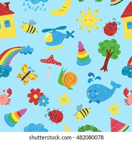 Kids colorful drawings seamless pattern. Vector colorful background.