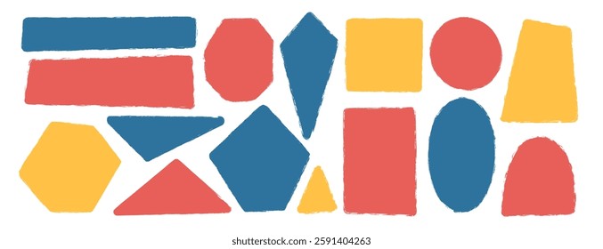 Kids colorful geometric shapes set. Text boxes textured frames. Rounded and square figures. Vector hand drawn quotation stickers shapes. grunge geometry callout design.