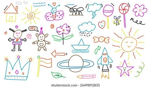 kid's colorful hand drawn drawings pattern, cute school sketches, flowers, house, butterflies, boat, planet, rocket and more. Creative children's hand drawing of a toddler.