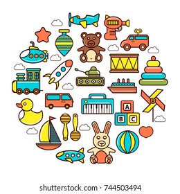 Kids colorful plastic and soft toys in circle