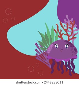 Kids colorful sea poster with underwater plants, seaweed, coral and purple cute jellyfish.Vector illustration in flat style .Modern trendy design for kids.Postcard poster ocean day flyer.