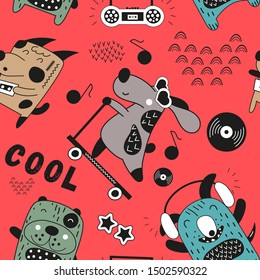 Kids colorful seamless pattern with cute dogs and music theme in Scandinavian style. Vector Illustration. Kids illustration for nursery art. Great for baby clothes, greeting card, wrapping paper.