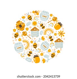 Kids colorful vector round poster hand drawn bee Honey cartoon doodle objects summer. Baby symbols and items card. Circle form composition pattern.