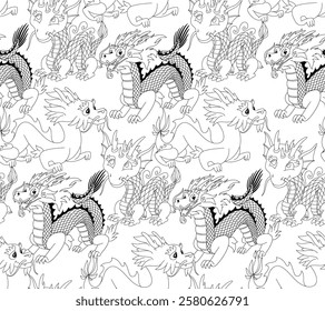 Kids coloring Asian dragons hand drawn seamless pattern. black and white mythology animal seamless pattern for fabric or wallpaper. Baby dragons vector illustration