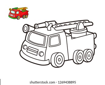 Kids Coloring Book, Cartoon Vector Fire Engine