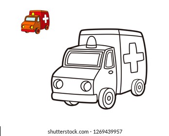 kids coloring book, cartoon vector ambulance