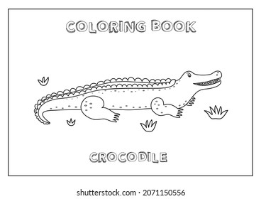 Kids Coloring book with Crocodile. Black and white, made in vector.