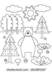 Kinderfarbenbuch mit süßem Bär und Tannenbäumen. Einfache Formen, Kontur für kleine Kinder. Cartoon, Vektorgrafik.
