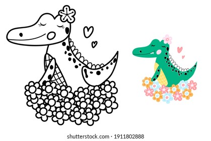 Kids coloring book cute crocodile with flowers. Vector illustration