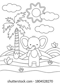 Kids coloring book with cute elephant, palm tree and sun. Simple shapes, contour for small children. Cartoon vector illustration.