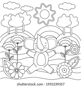 Kids coloring book with cute elephant, trees and flowers. Simple shapes, contour for small children. Cartoon vector illustration.