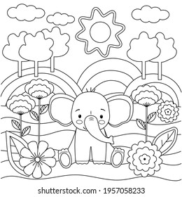 Kids coloring book with cute elephant, trees and flowers. Simple shapes, contour for small children. Cartoon vector illustration.