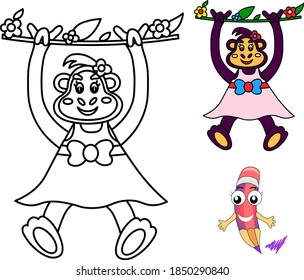Los niños colorean un mono lindo. Ilustración vectorial.