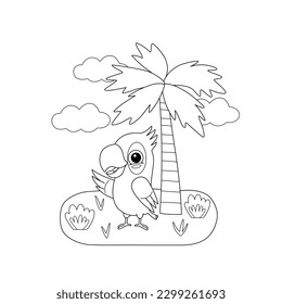 Kids coloring book with cute parrot, palm and clouds. Simple shapes, outline for small children, template for greeting cards. Cartoon vector illustration.