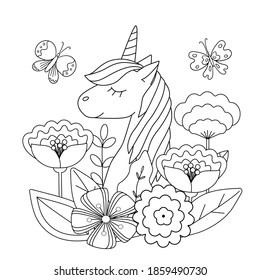 Kids coloring book with cute unicorn, flowers and butterflies. Simple shapes, outline for small children, template for greeting cards. 
