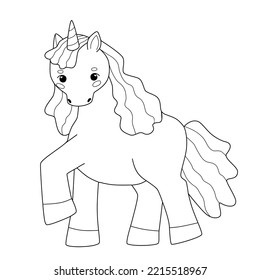 Kids coloring book with cute unicorn. Simple shapes, outline for small children, template for greeting cards. Cartoon vector illustration.