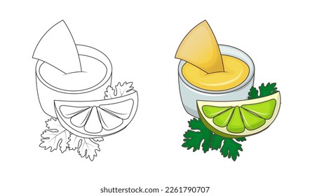 Kids coloring book for elementary school. Crispy nacho with cheese sauce and lime. Traditional Mexican dish. Vegetarian Cuisine. Vector illustration. Cartoon.