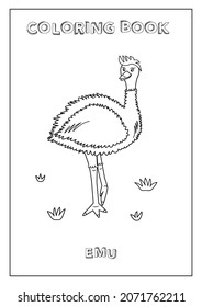 Kids Coloring book Emu. Ready to print, suitable format paper A4. Black and white, made in vector.