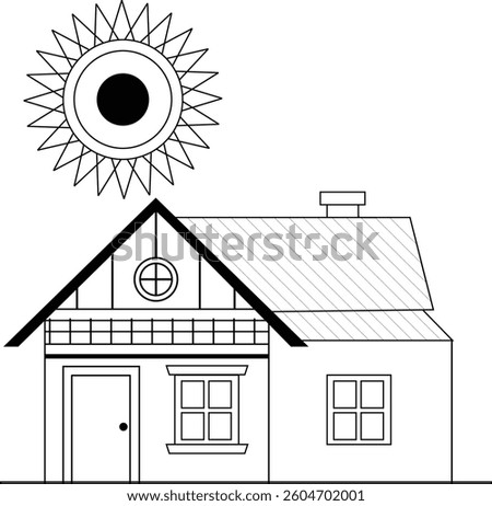 A Kids Coloring Book illustration of simple black and white illustration of a house