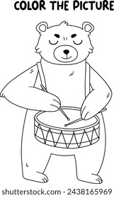 Kids coloring book page. Bear playing on drum