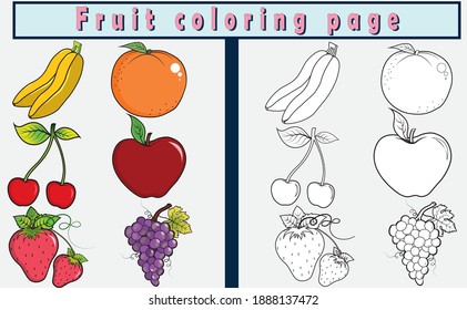 kids coloring book page, drawing book for children, fruits vector art.