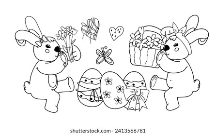 Kids coloring book page with Easter bunnies, outline vector illustration isolated on white background. Line art image of Easter rabbits with eggs for greeting cards and kids entertaining.