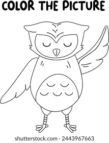 Kids coloring book page. Smiling owl isolated on white background.