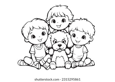 Kids Coloring Book, Coloring Pages, Dog Character Coloring Page With Cute Kids, Vector Line Art 