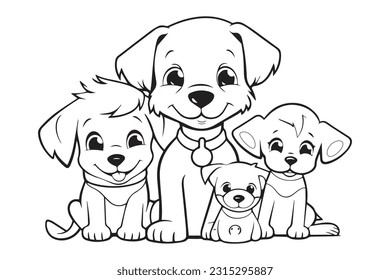 Kids Coloring Book, Coloring Pages, Dog Character Coloring Page With Cute Kids, Vector Line Art 