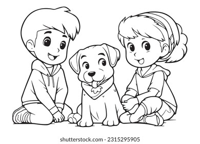 Kids Coloring Book, Coloring Pages, Dog Character Coloring Page With Cute Kids, Vector Line Art 