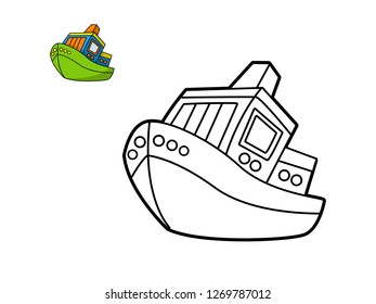 kids coloring book, ship cartoon vector