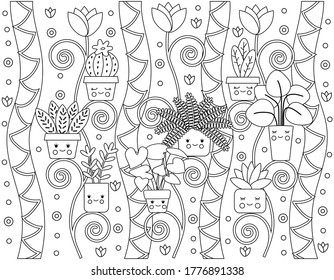 Kids coloring book with simple potted flowers. A horizontal page with a cute image of funny plants with a face. Black outline, funny vector illustration.